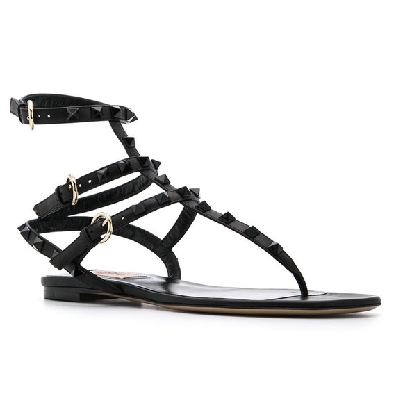 Valentino Rockstud Black Tonal Stud Triple Strap Gladiator Flat Sandal 37.5 - Picture 3 of 12